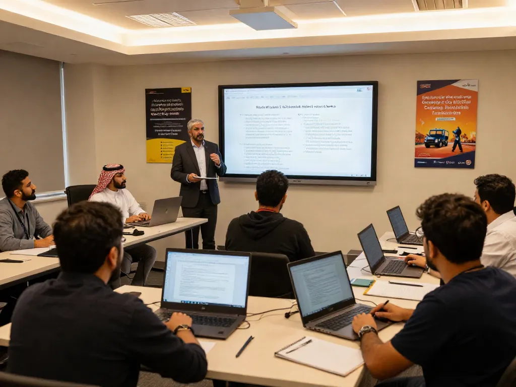 Engaged adult learners in a virtual NVQ Level 6 in Saudi Arabia training session, discussing health and safety compliance.