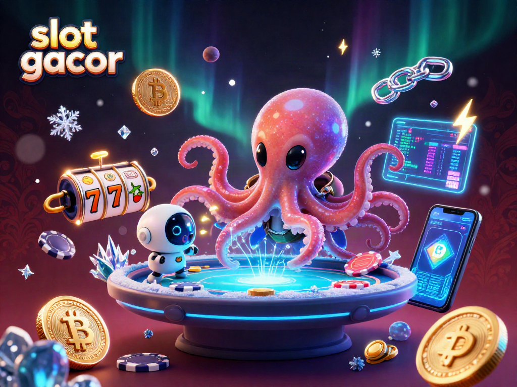Engage with slot gacor in a thrilling 3D scene featuring an alien octopus and vibrant slots.