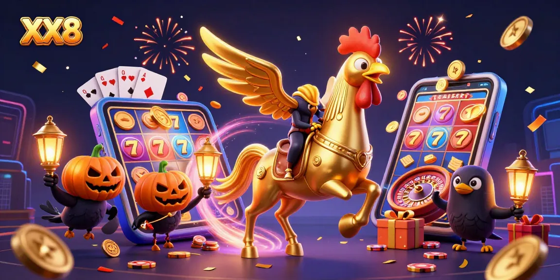Experience the thrilling world of XX8 with a golden rooster and companions celebrating wins in a vibrant casino.