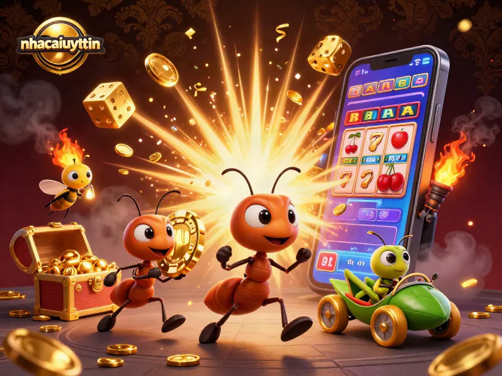 Engage in thrilling casino gaming with nhacaiuytin featuring ants running a heist for a giant poker chip.