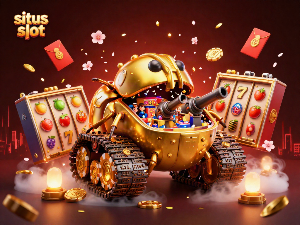 Experience situs slot excitement in a vibrant 3D casino scene featuring dynamic slot elements.