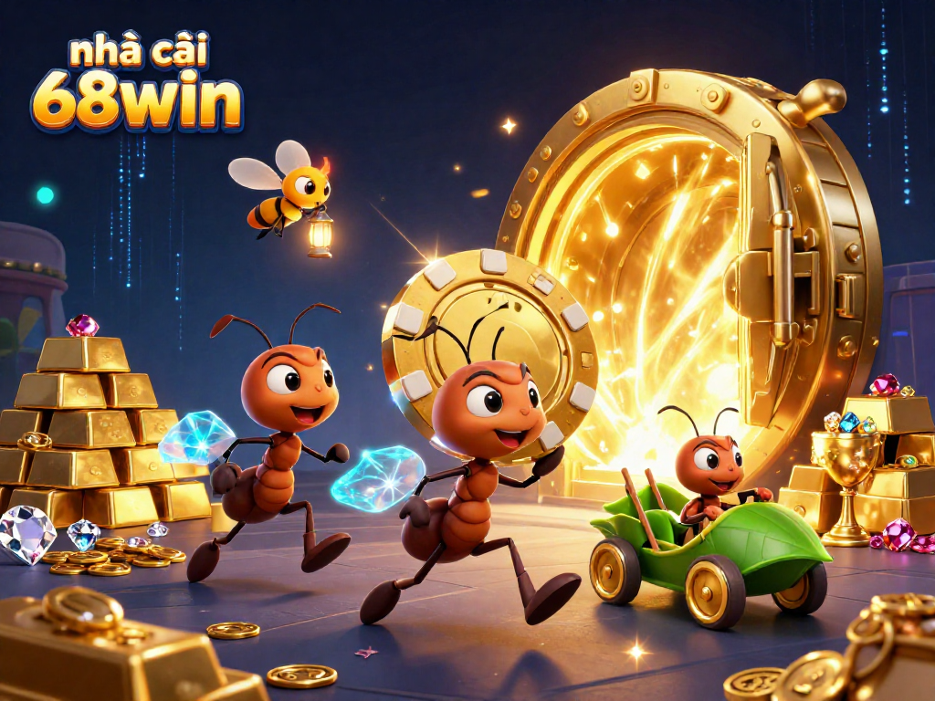 nhà cái 68win team of ants heists golden poker chip in exciting 3D casino scene