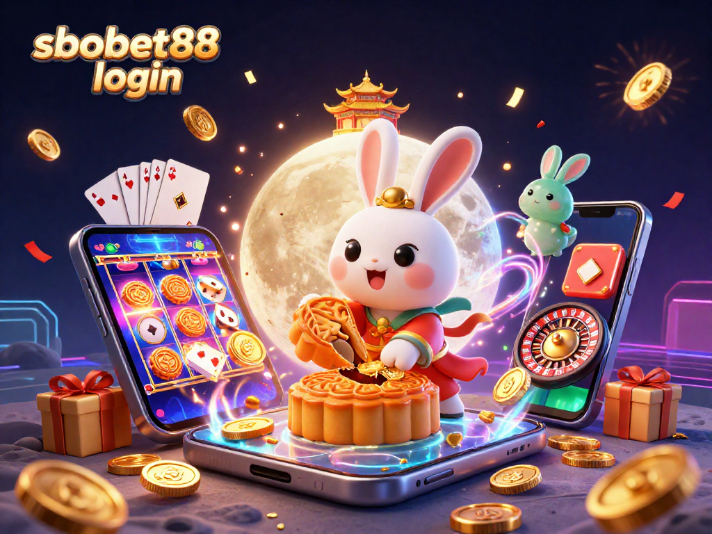 Experience sbobet88 login with a vibrant scene of traditional folklore rabbits and casino elements, perfect for your betting journey.