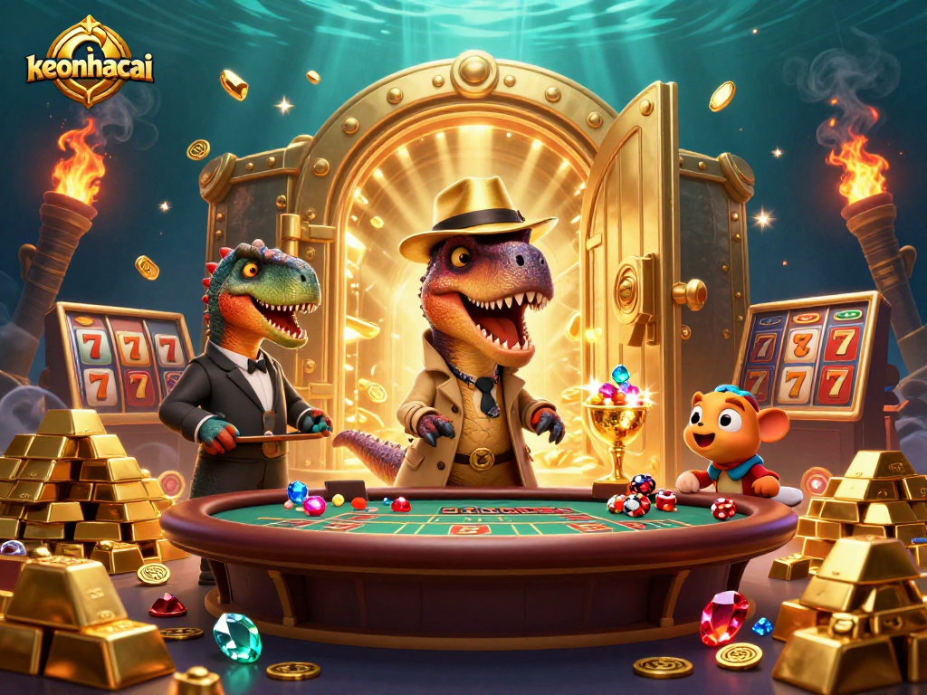 Watch the keonhacai velociraptor stealthily count cards amidst gold treasures at a vibrant blackjack table.