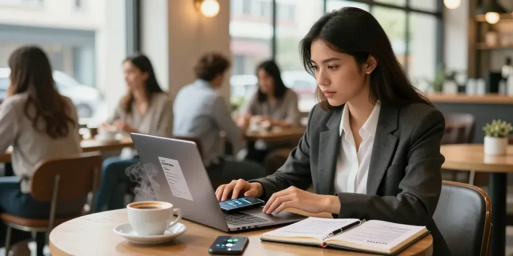 Engaged professional woman using a laptop to หางาน at a coffee shop, surrounded by notes and coffee.