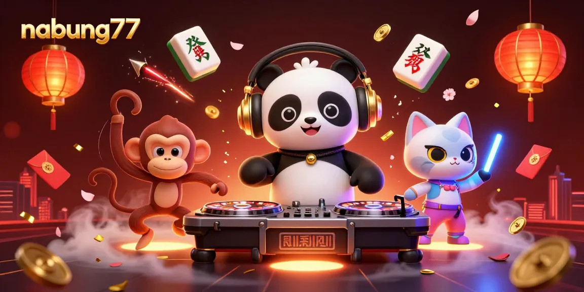 Experience the excitement of nabung77 with a DJ panda, dancing monkey, and glowing kitten in a vibrant casino setting.