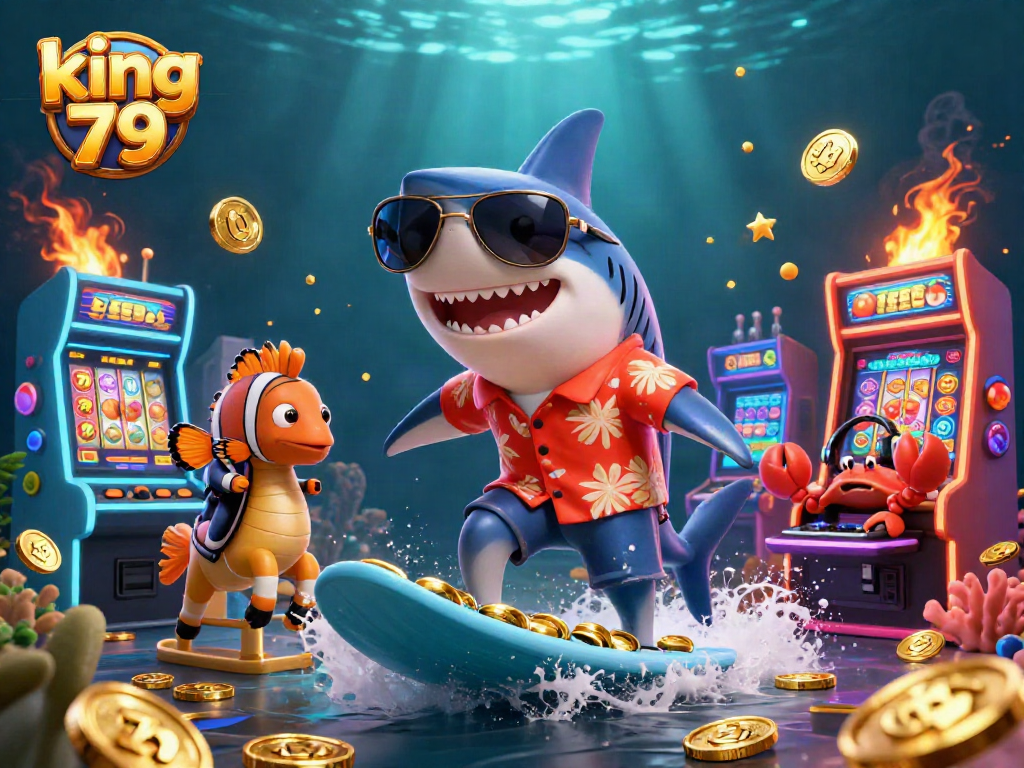 Experience the excitement of king 79 with a shark surfing gold coins and vibrant gaming elements.