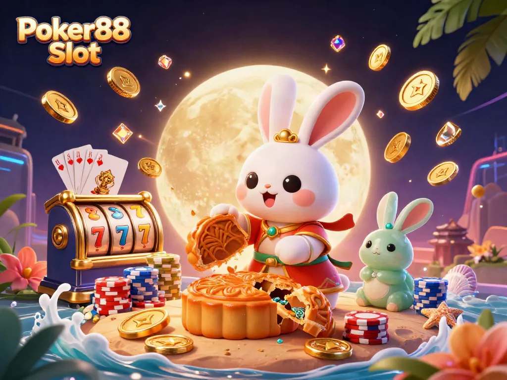 Experience excitement with Poker88 Slot featuring a dynamic scene of a moon rabbit and poker elements.