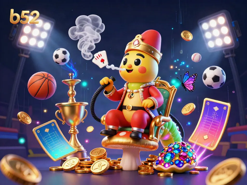 B52 gaming scene with a caterpillar hookah-master amidst vibrant sports elements, capturing thrilling gambling action.