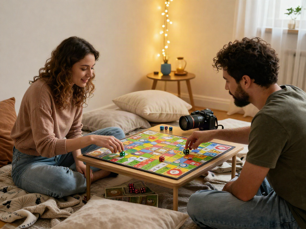 Couple enjoying sex games in a cozy playroom filled with colorful game pieces and soft lighting.
