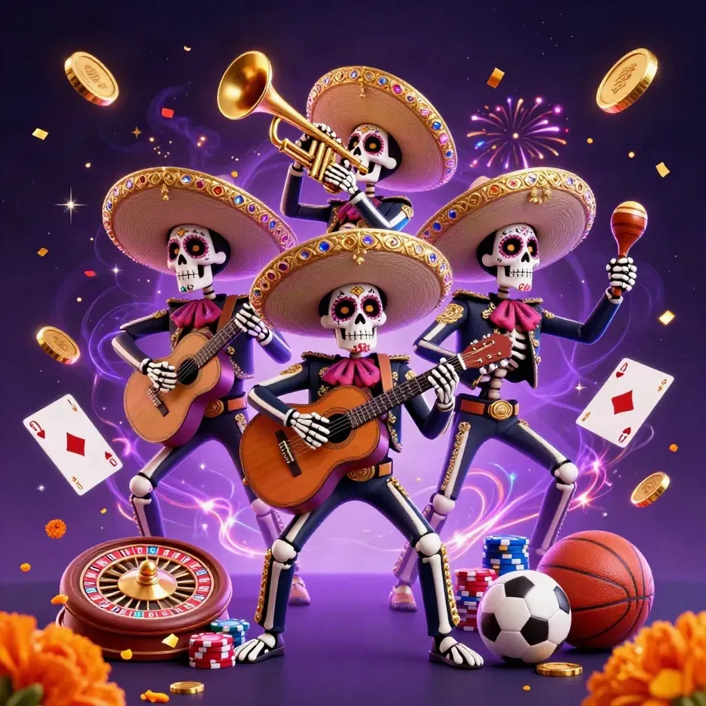 Skeleton mariachi trio amid coins, chips, cards, roulette, and neon magic
