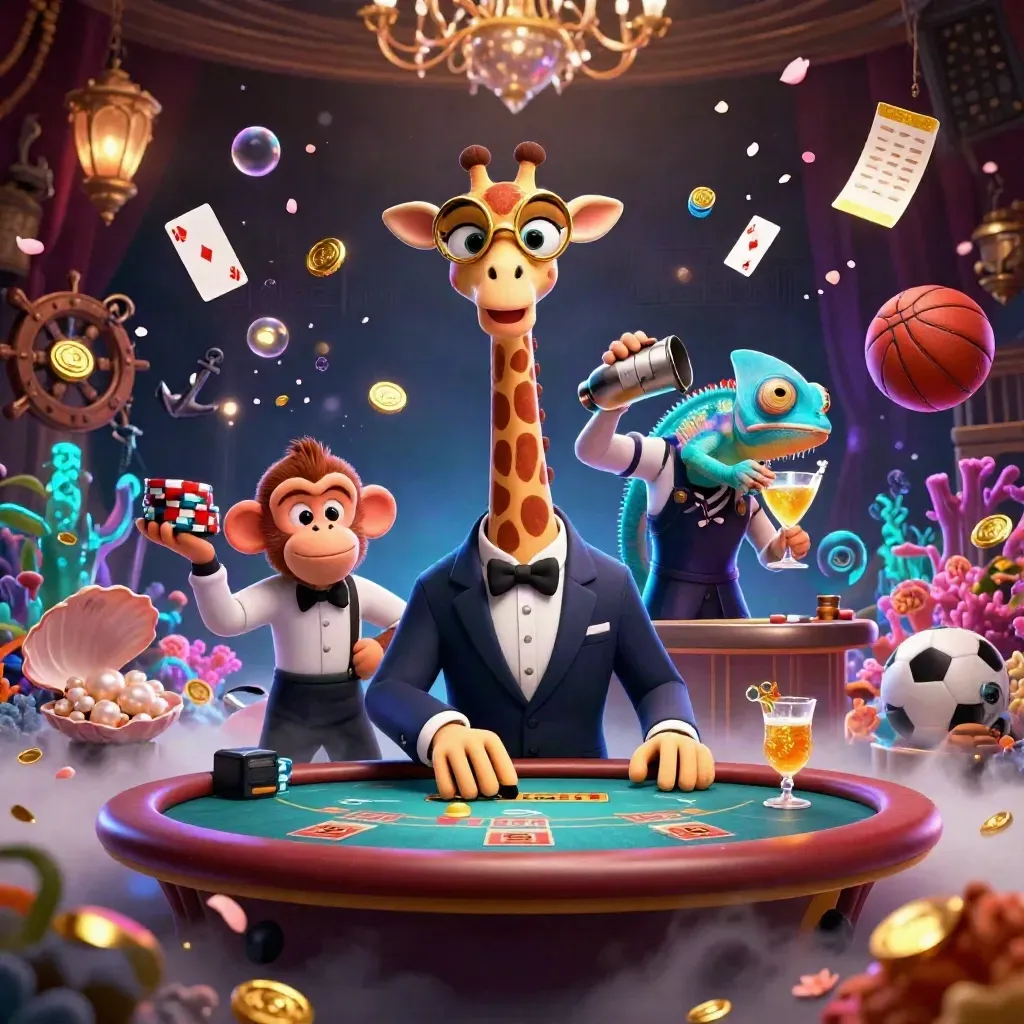 Giraffe, monkey, and chameleon in a neon casino-cove with treasure, cards, coral, and glowing effects.