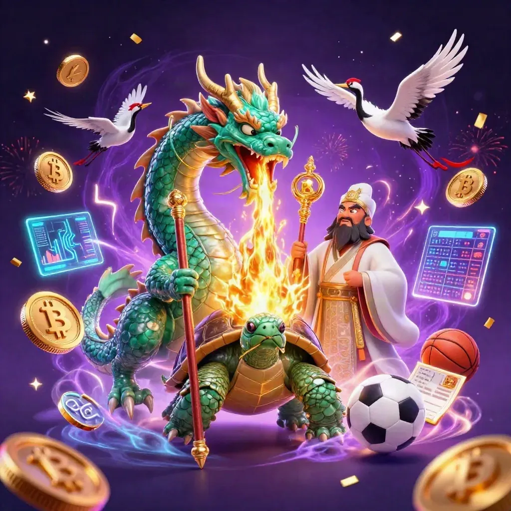 Dragon, turtle sage, and cranes amid cosmic neon casino energy, coins, lightning, fireworks.