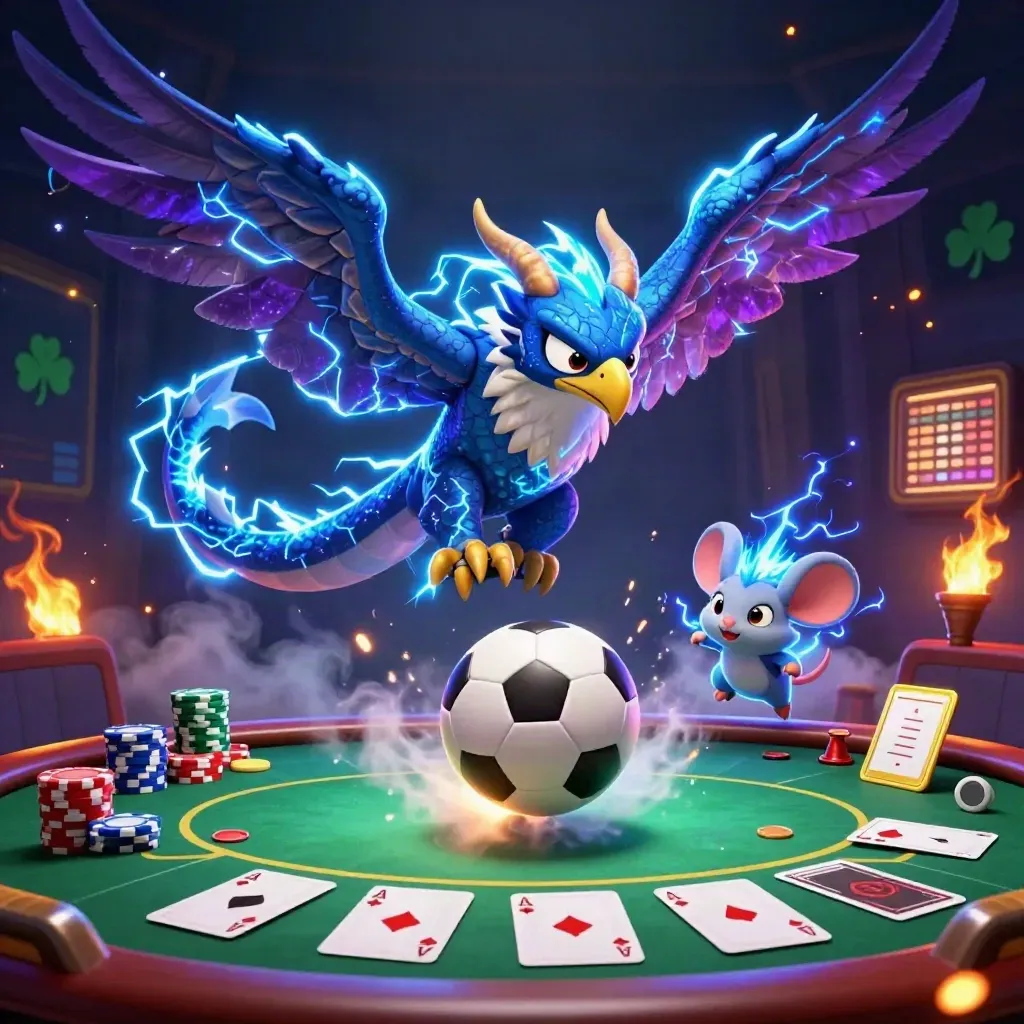 Thunder dragon, glowing hawk, mouse, soccer ball and casino chips in a neon fantasy scene.