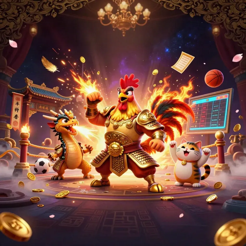 Rooster samurai, dragon hatchling, and fortune cat amid neon casino sports props.