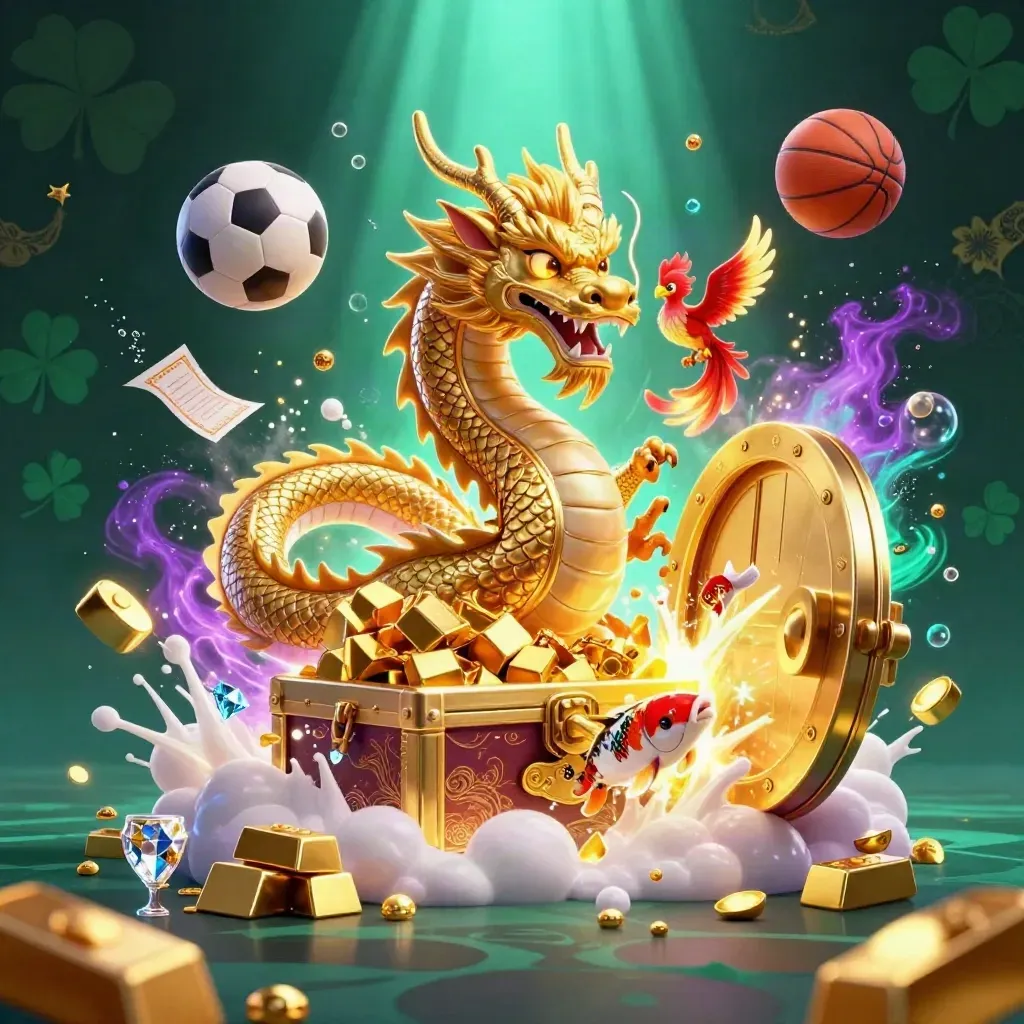 Dragon, phoenix and koi amid treasure burst, neon light, sports balls and casino gold