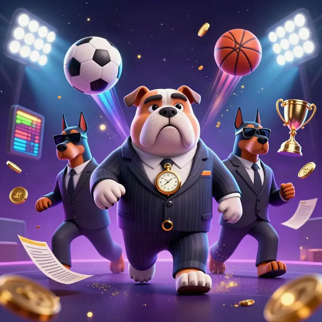 Bulldog mob boss with two Dobermans amid flying sports balls, coins and neon casino lights.
