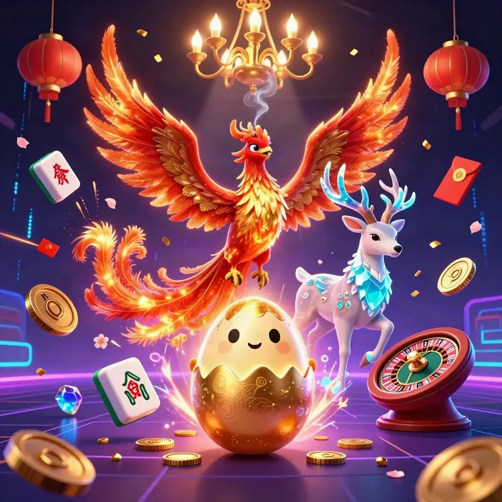 Phoenix, baby phoenix, and crystal stag in a neon casino with cards, lanterns, coins, and gold light.