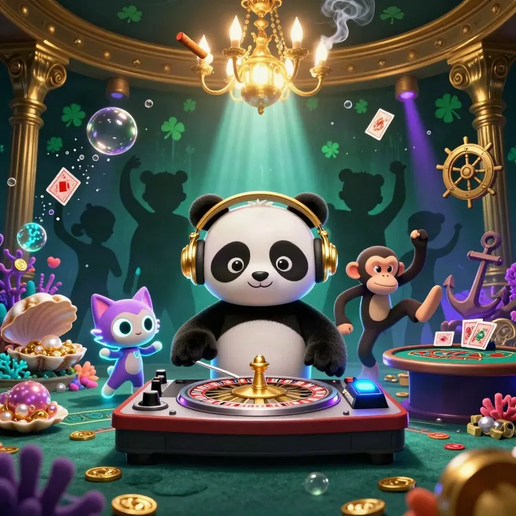 DJ panda, breakdancing monkey, and glow-stick kitten amid neon casino treasure and underwater glow.