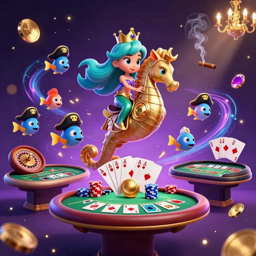 Mermaid princess rides a golden seahorse through a neon casino scene with cards, chips, and starry purple glow