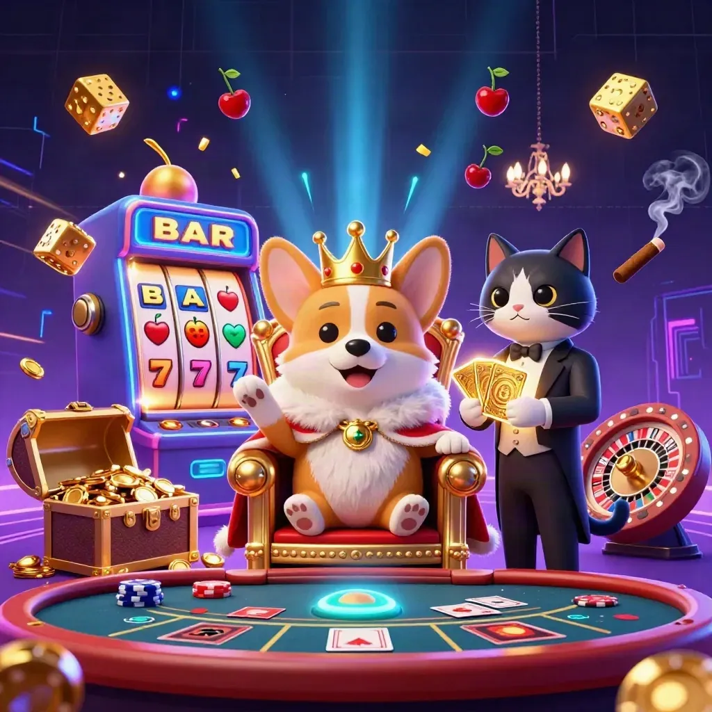 Royal corgi and cat butler in a neon casino scene with slot machine, dice, roulette and gold
