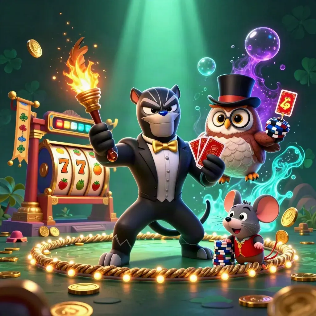 Panther, owl and mouse casino heroes amid neon coins, temple gates and floating slot symbols.