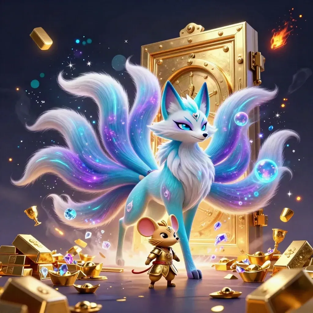 Cyan-lit fox spirit and gold-armored mouse burst treasure from a glowing vault