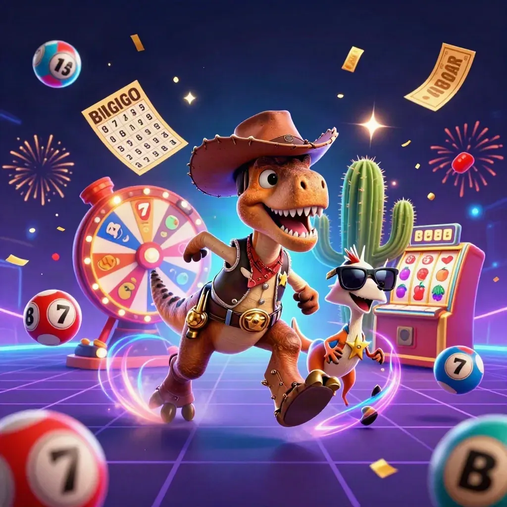 Cowboy T-Rex, cactus sidekick, and sheriff roadrunner burst through a neon casino jackpot scene.