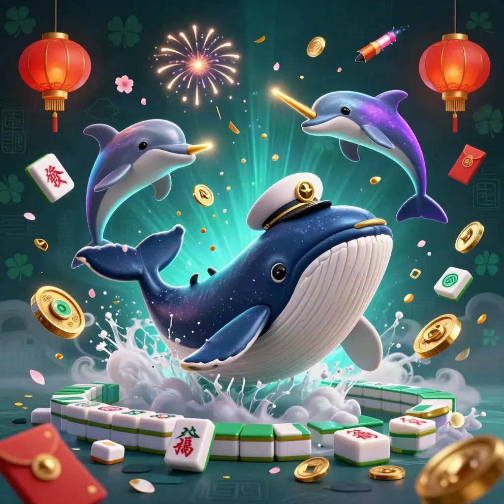 Whale captain, narwhal and dolphins burst through coins, lanterns and cyan-lit treasure.