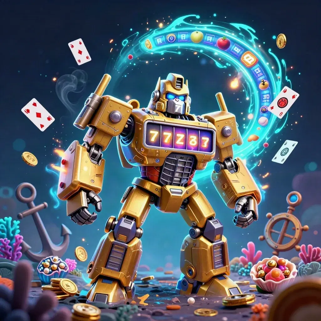 Golden slot-mech gorilla with tiny monkey pilot in a treasure cove, cyan energy, coins and gems bursting