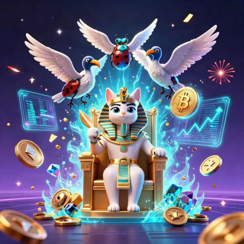 Pharaoh cat, ibis scribe, and gem-wing scarabs amid cyan neon coin bursts on a cosmic casino throne