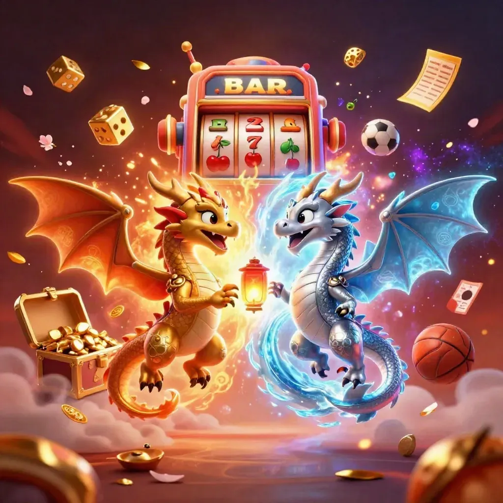 Gold and silver dragons burst from a slot machine amid coins, dice, and cosmic casino glow.