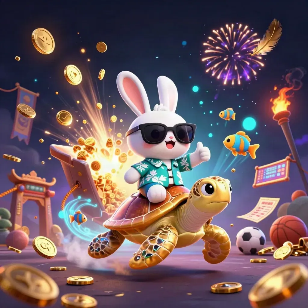 Lucky rabbit on jeweled turtle amid coins, fireworks, temple gate, and neon casino effects.
