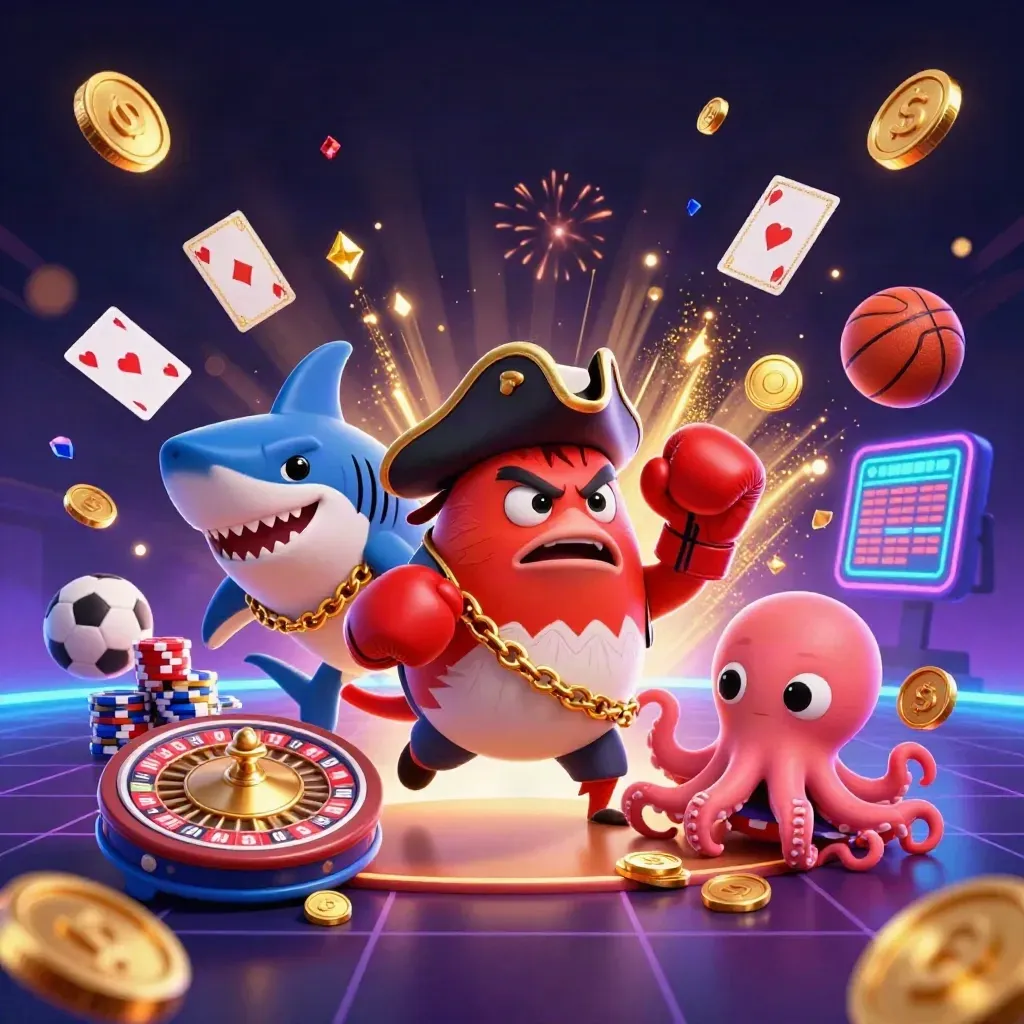 Shark pirate, boxing pufferfish, and juggling octopus amid gold coins, chips, roulette, and fireworks.