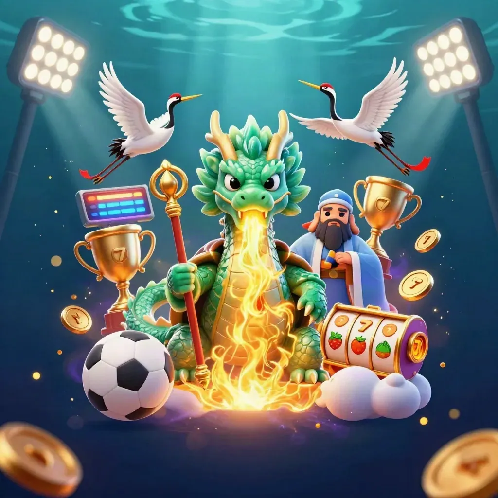 Jade dragon, turtle sage, and cranes amid casino sports effects and neon cosmic light