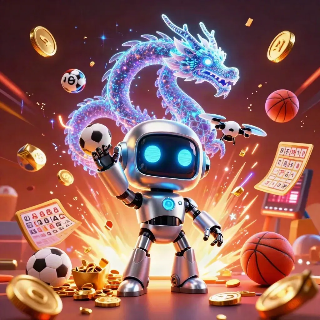 Cyberpunk robot, holographic dragon and coin drone amid casino treasure and neon fireworks.