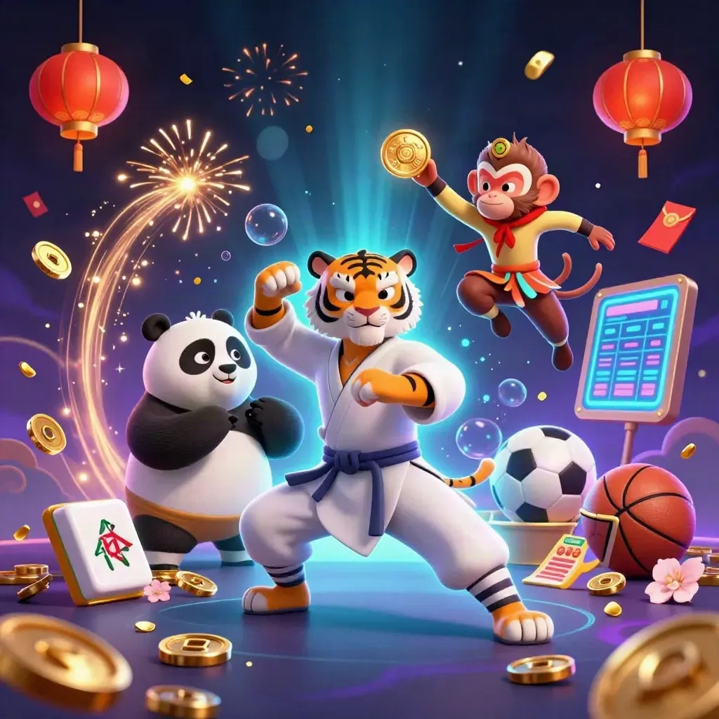 Kung-fu tiger, panda, and monkey amid bursting gold coins, lanterns, fireworks, and neon casino effects.