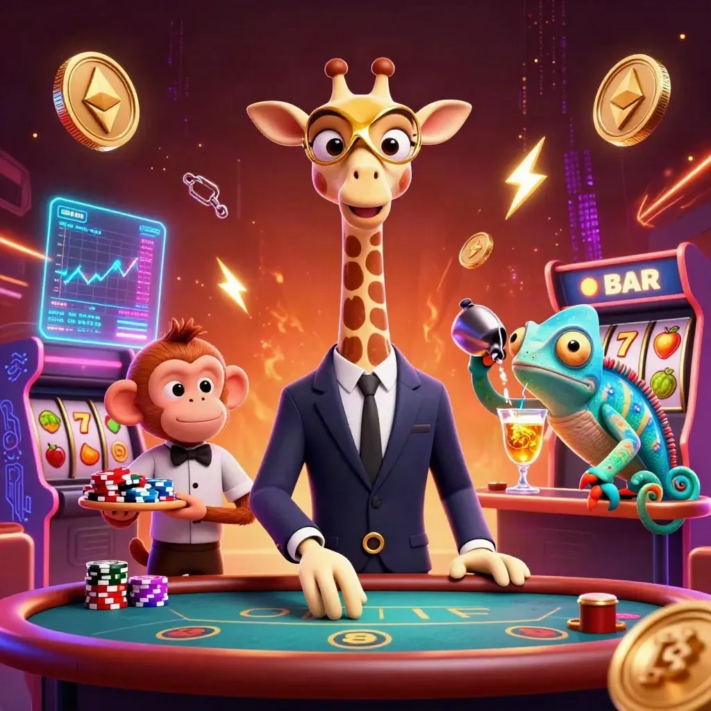 Giraffe, monkey, and chameleon casino heroes amid neon coins and slot symbols