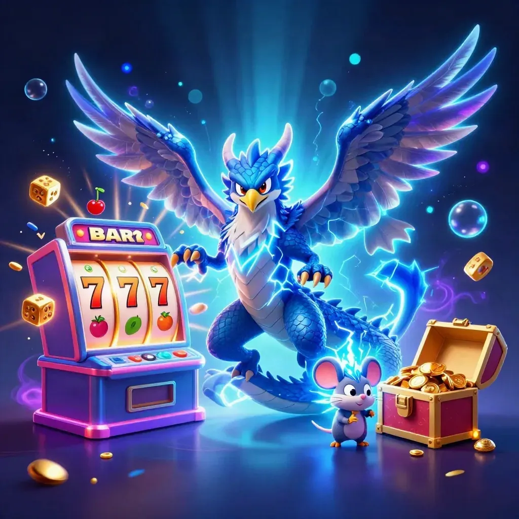 Thunder dragon, glowing hawk, and static mouse amid slot reels, gold, and neon lightning.
