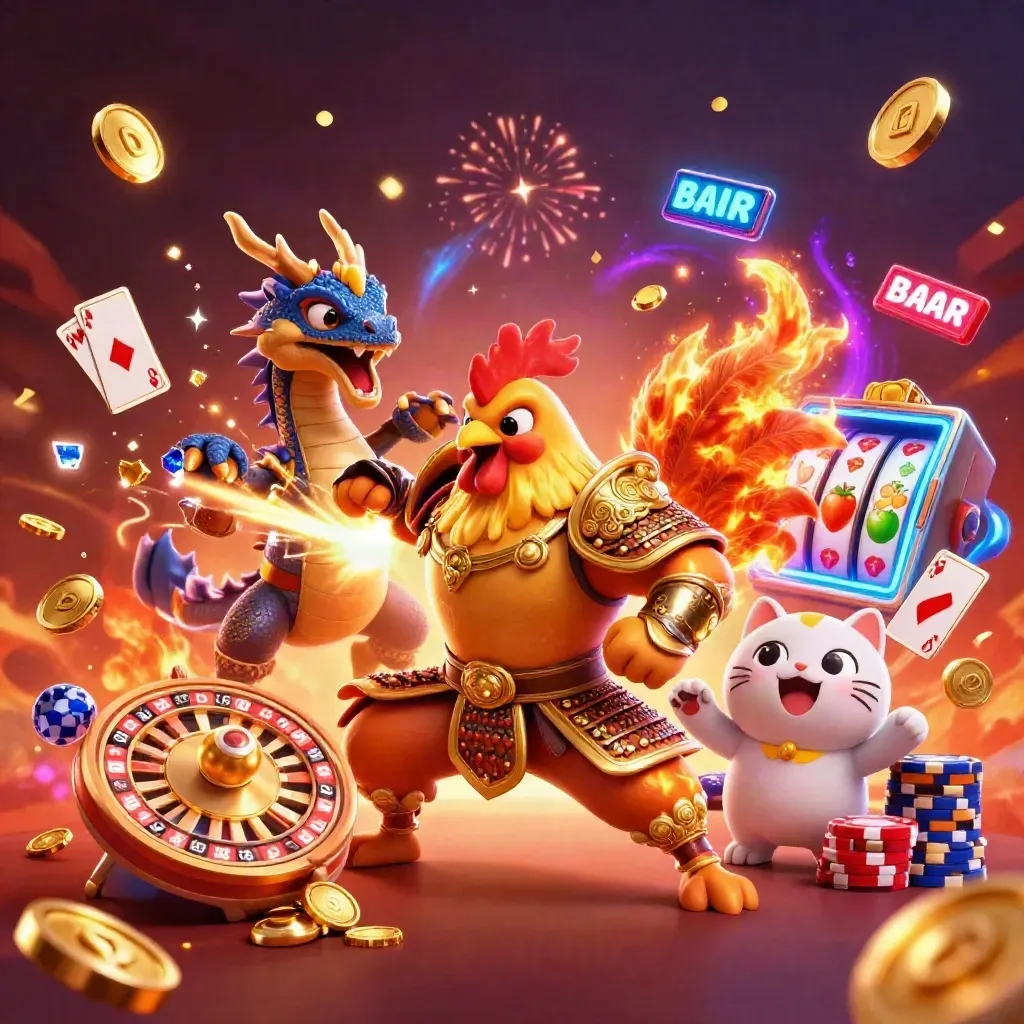 Rooster warrior, dragon hatchling, and fortune cat amid casino sparks, chips, cards, and glowing reels.