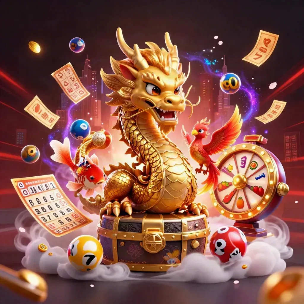 Golden dragon with phoenix and koi amid neon casino effects, red skyline glow, and swirling cosmic lights