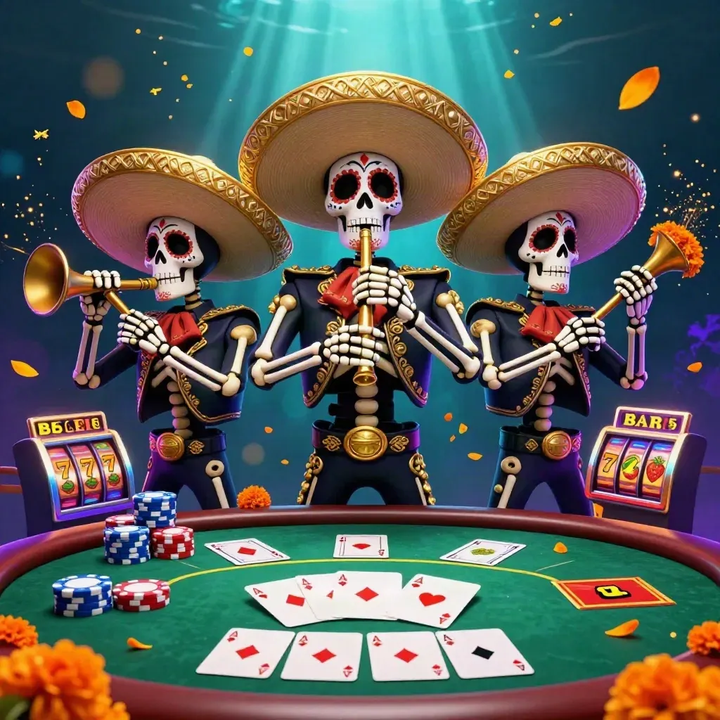 Three sugar-skull mariachi skeletons amid poker chips, slot reels and neon cosmic casino light.