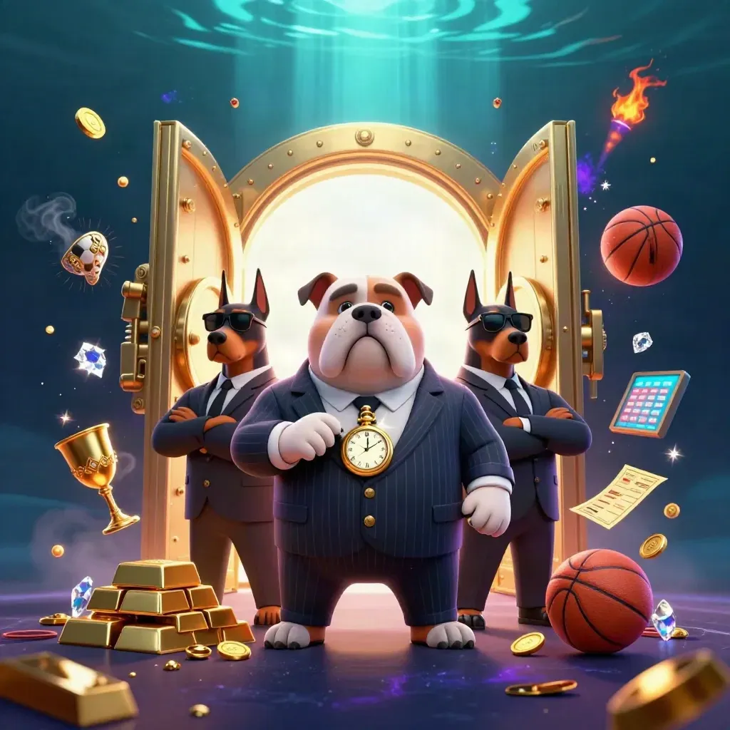 Bulldog mob boss and two Dobermans amid a vault blast, gold, gems, and neon casino energy.