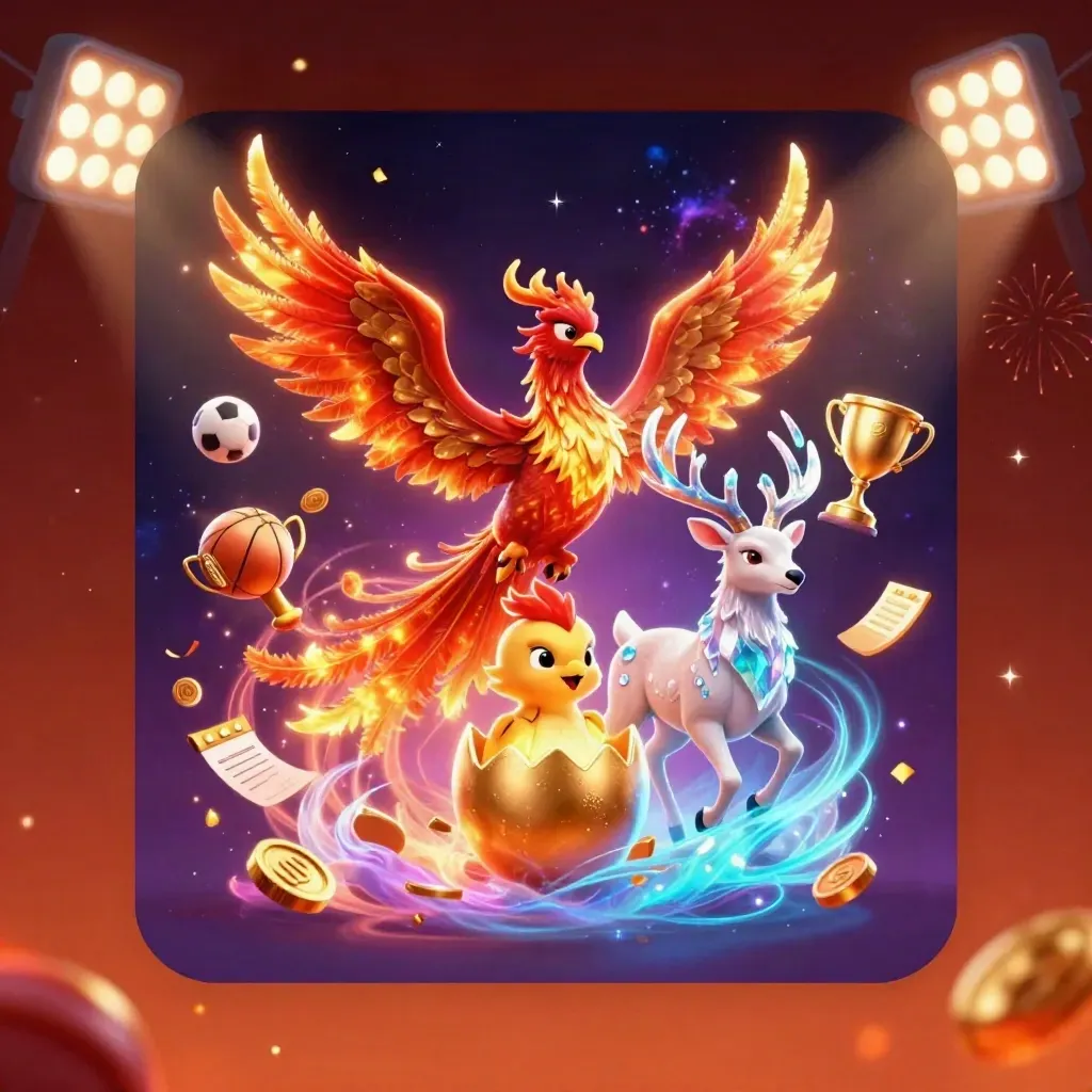 Phoenix, baby phoenix, and crystal stag amid casino balls, trophy, coins, and neon sparks.