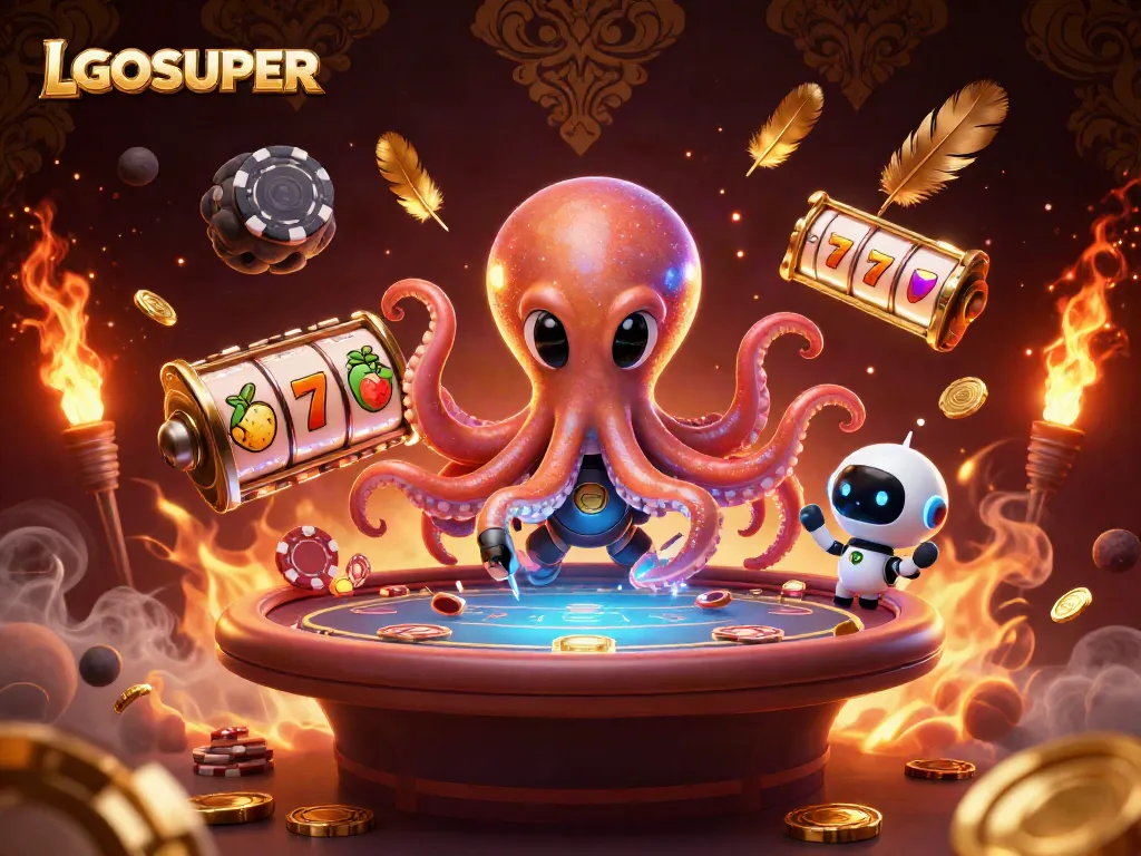 Join the excitement with LGOSUPER at a holographic poker table surrounded by vibrant casino elements.