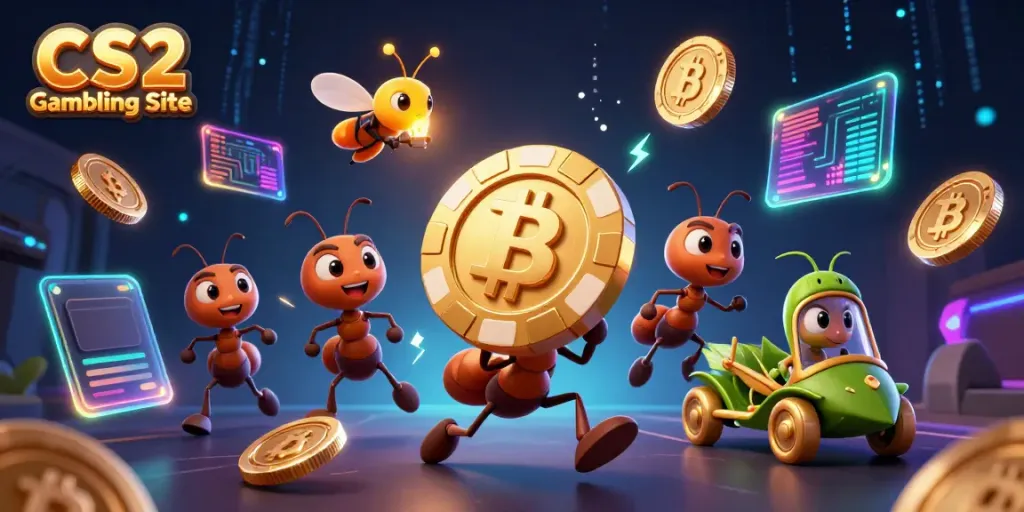 Exciting scene of a CS2 gambling site heist with ants and crypto coins.