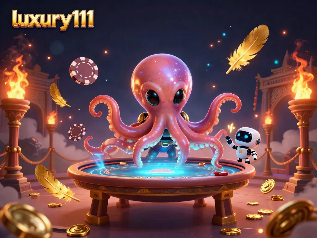 Join the action at luxury111, where an alien octopus deals cards amidst cosmic chips and vibrant game elements.