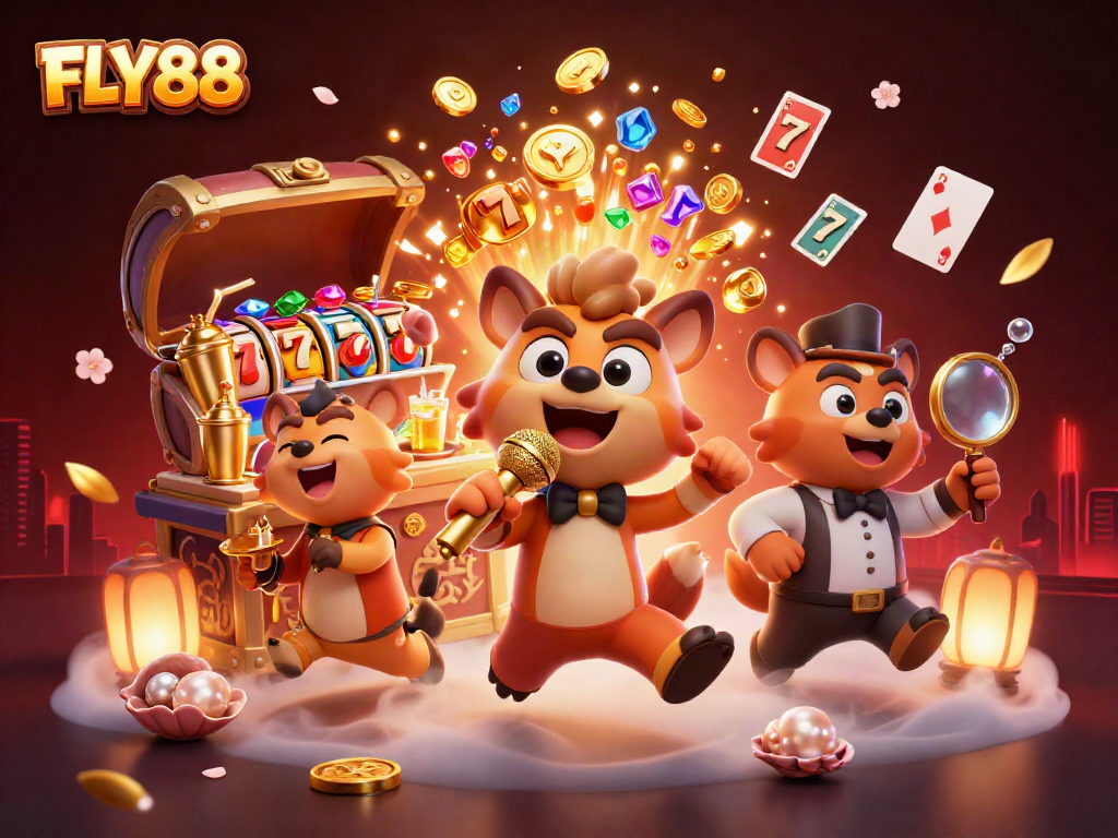 FLY88 showcases a vibrant casino scene with hyenas enhancing the gaming experience through comedy.
