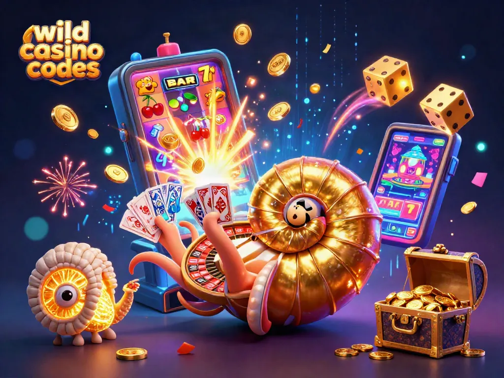 Engage with wild casino bonus codes using a vibrant 3D cartoon scene showcasing slots and jackpots.