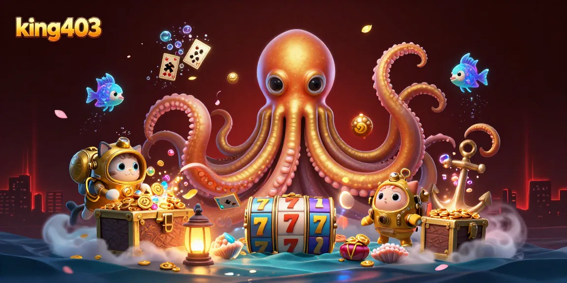 Engage with thrilling slots action at king403 featuring a colossal kraken and diving cat in a treasure-filled ocean.